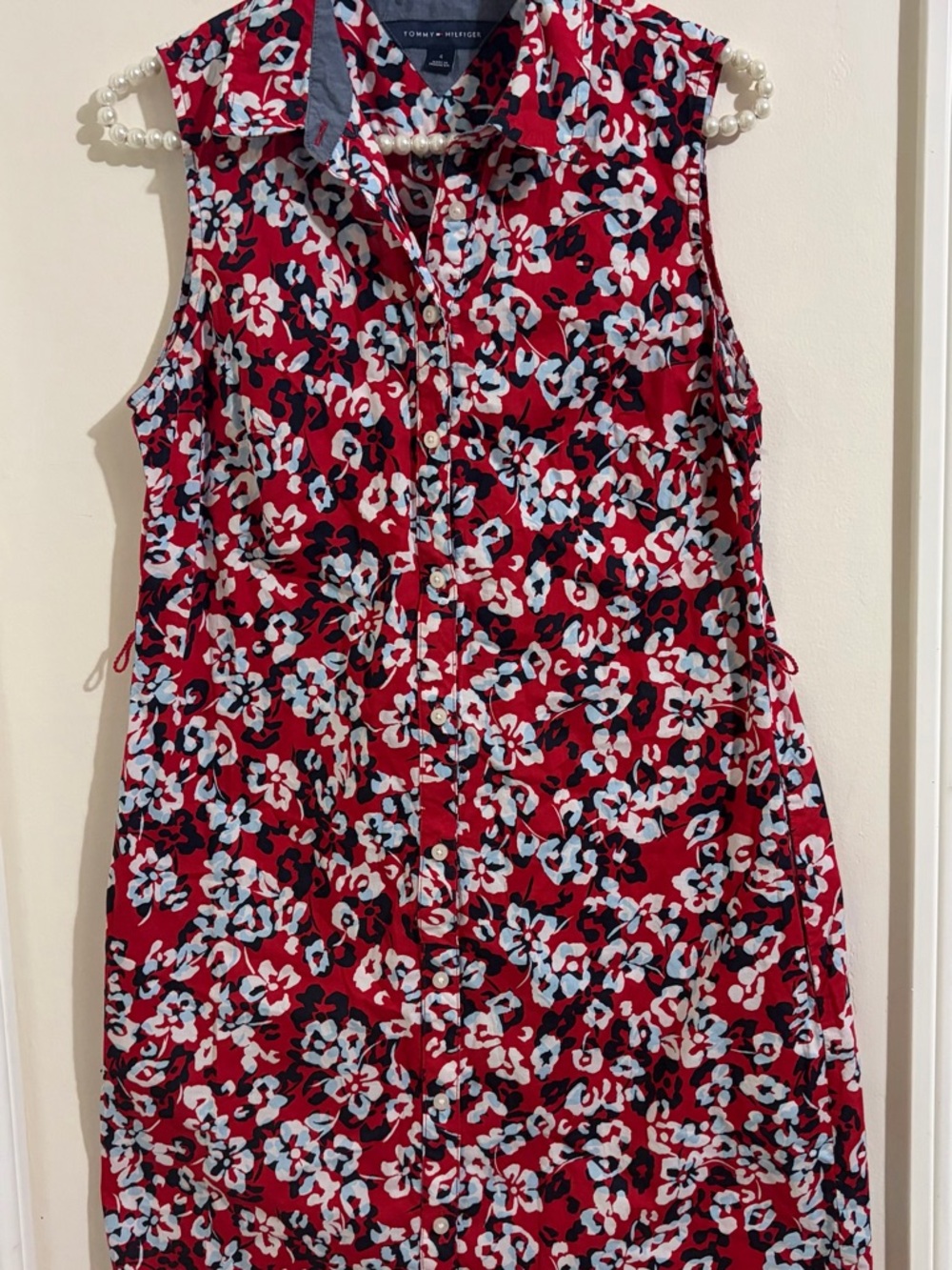 Tommy Hilfiger Red Floral Sleeveless Shirt Dress 100& cotton with POCKETS!